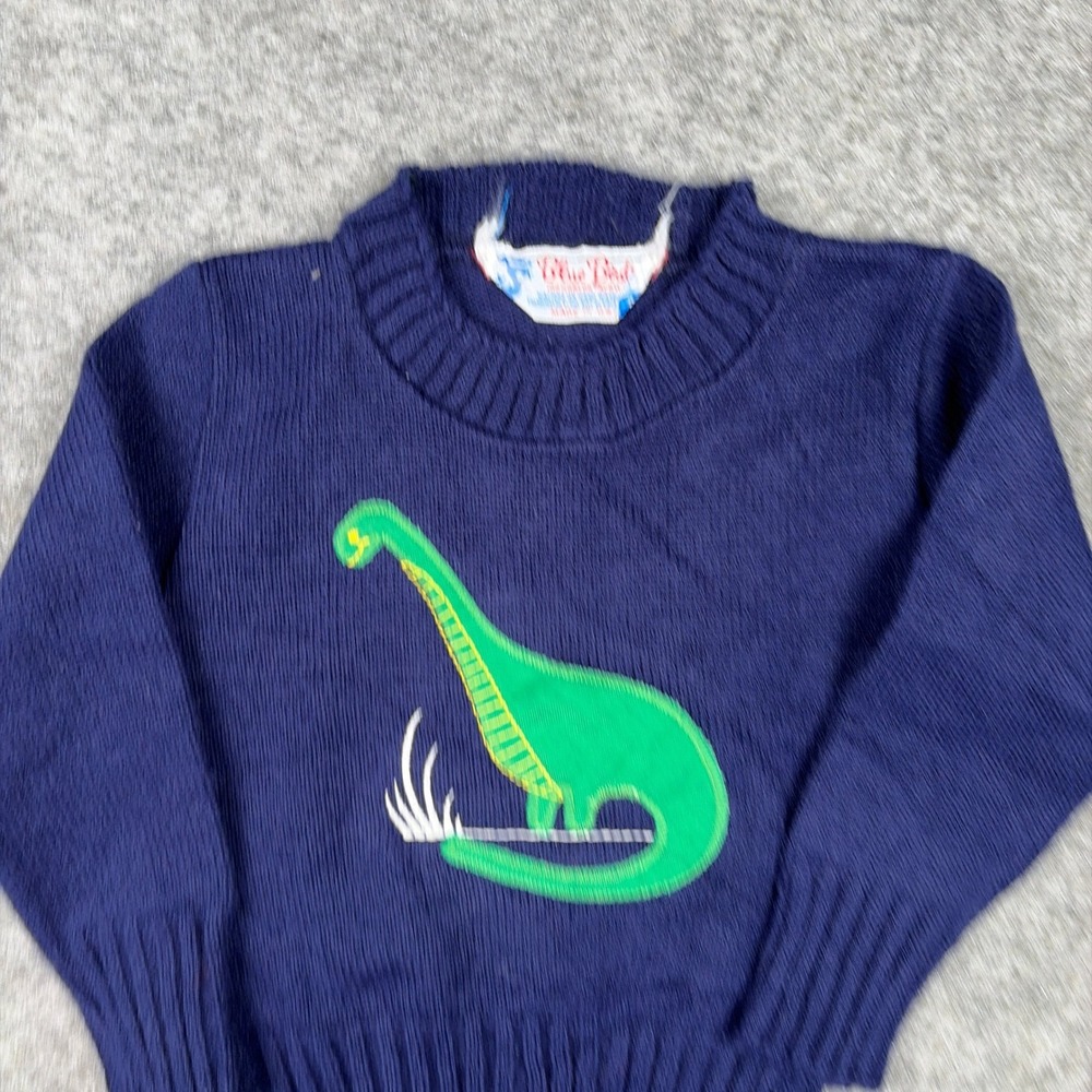 Blue Bird Dinosaur Sweater Kids Navy Blue Vintage 70s 80s Brontosaurus Knit - Picture 4 of 10